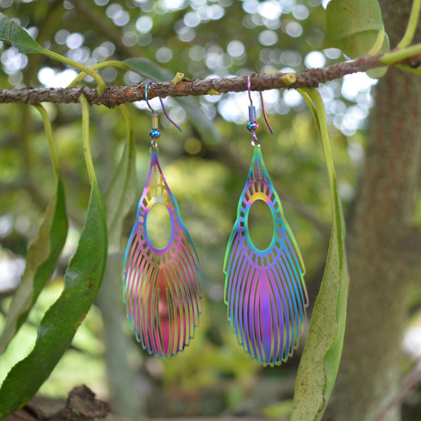 Rainbow Peacock Feather Earrings