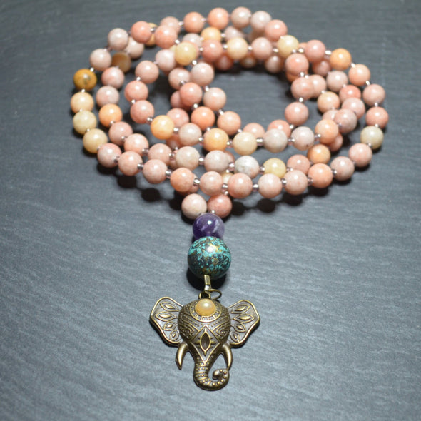 Mala 108 Beads - Orange Calcite and Bronze Elephant