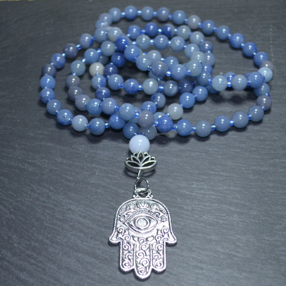 Mala 108 Beads - Blue Quartz, with Lotus and Hamsa Hand